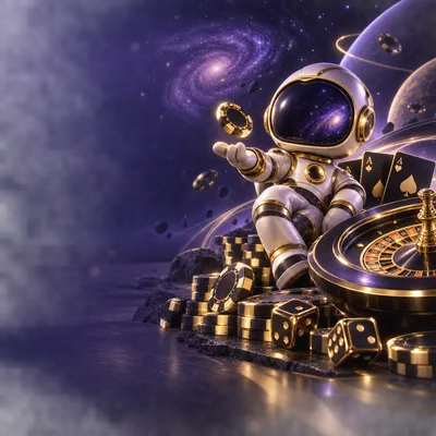 Cinematic space-themed casino hero banner with roulette wheel and glowing chips against a deep cosmic nebula backdrop
